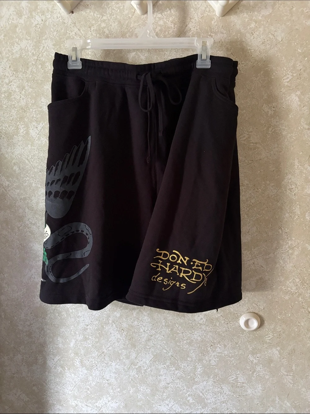 Ed Hardy Black Athletic Shorts with Gold Script and Multicolor Snake